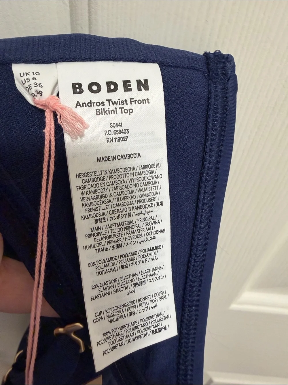 BODEN Andros Twist Front Bikini Top Navy Blue Size 6
